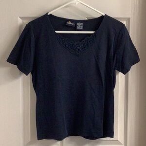 Liz Claiborne Navy Knit Tee with Rosette Embellishment, Ladies Small